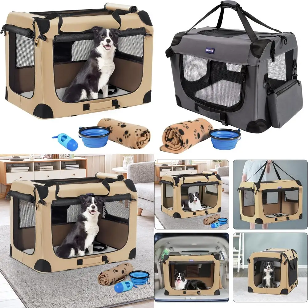 

Collapsible Travel Crate for Medium to Large Dogs - 32x23x23 Portable Dog Crate with Soft Blanket, Foldable Bowl, and Poo Bags