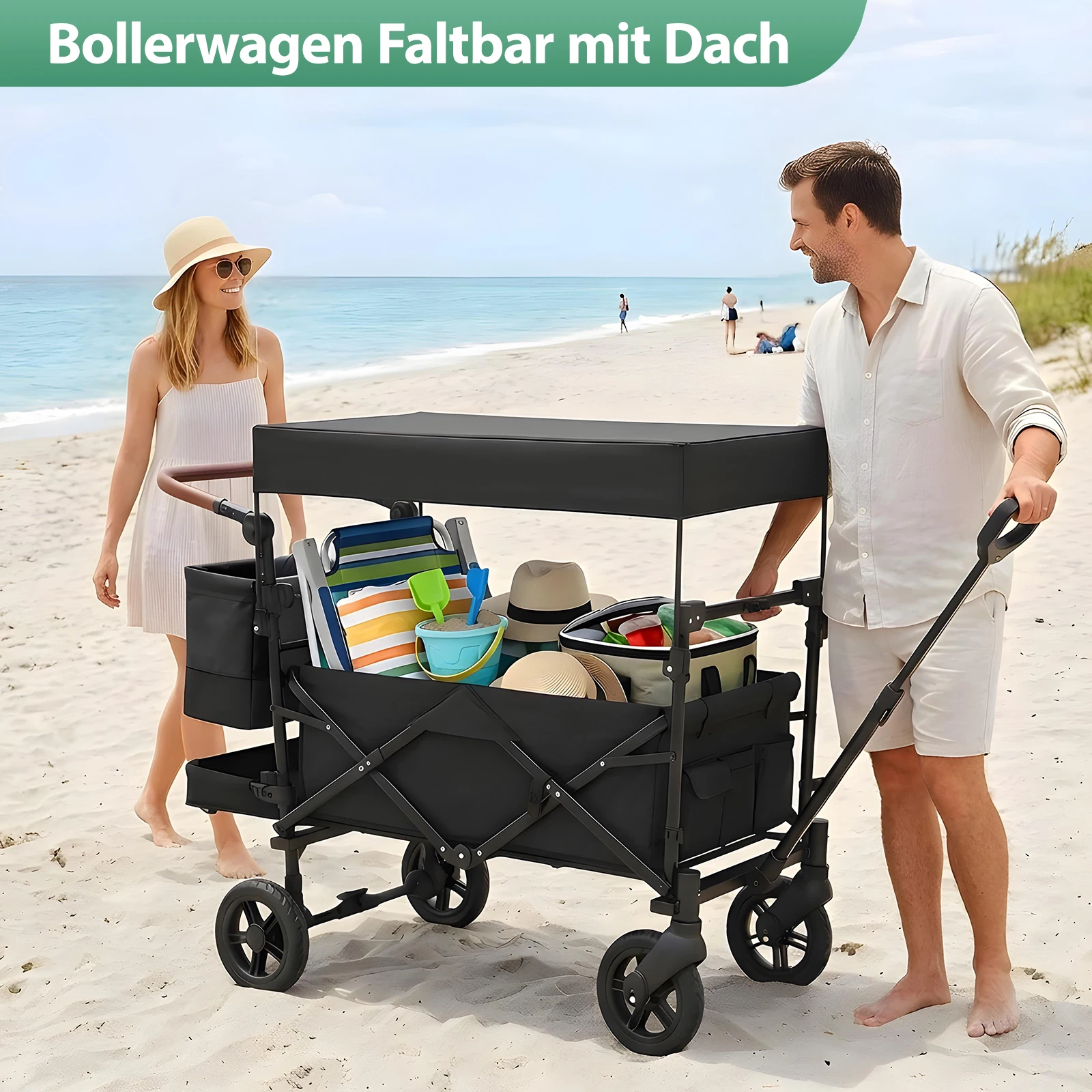 Bollerwagen Faltbar mit Dach 2 Kinder 100KG, Faltbarer Bollerwagen Handwagen Schiebegriff, Kinderwagen Stoßfest PU-Räder mit Bremsen 150L