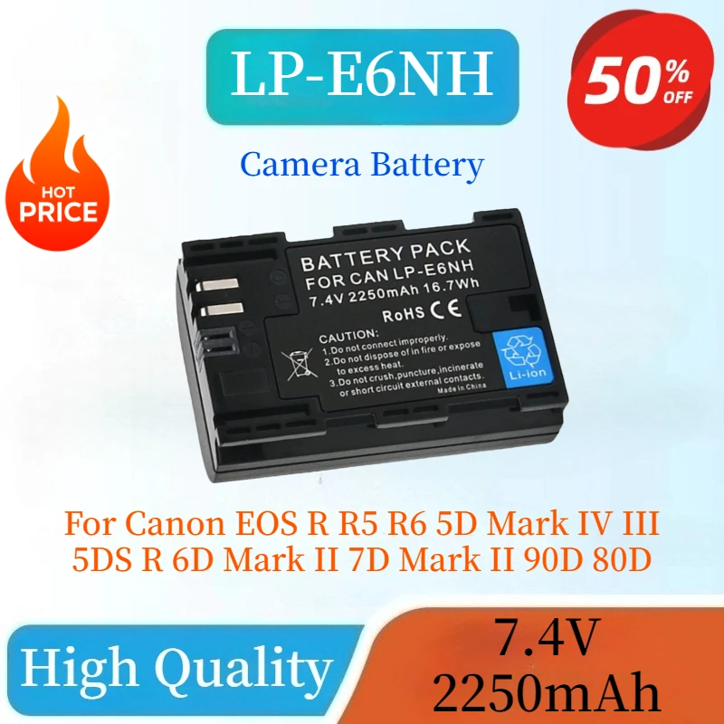 고품질 신형 7.4V 2250mAh LP-E6NH 카메라 배터리 캐논 EOS R R5 R6 5D Mark IV III 5DS R 6D Mark II 7D Mark II 90D 80D용