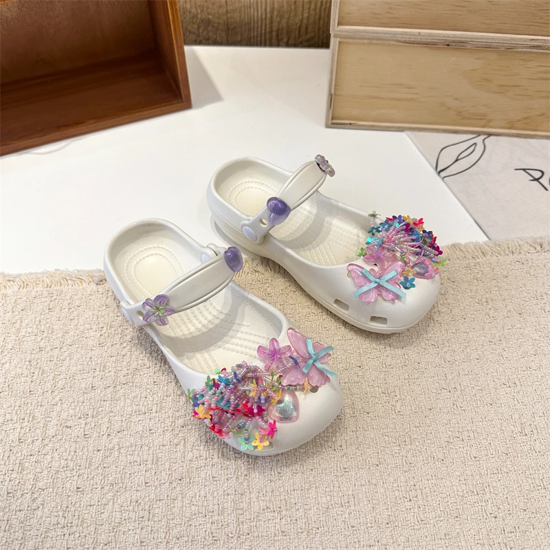 

A pair of children's sequin butterfly Mary Jane clogs,adjustable heel strap,soft thick EVA anti-slip cute slides KH-k920-5
