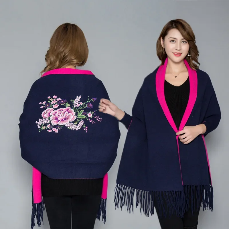 

14 Colors Women Knitted Loose Tassel Out Cape With Back Floral Autumn Winter Embroidered Peony Streetwear Luxury Poncho Knitwear