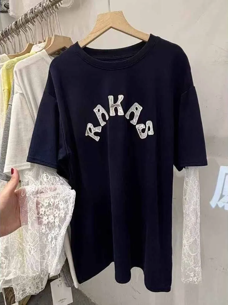 특대 사이즈 300 포 유럽 스타일 자수 레이스 패치워크 롱 슬리브 티셔츠 여성용 봄 여름 슬림핏 탑