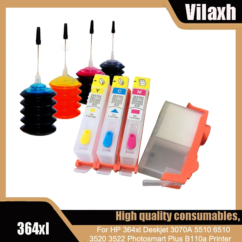 Vilaxh 4 Refillable 364XL Ink Cartridge + 30ml Dye Ink for HP364 DeskJet 3070A 3520 Officejet 4610 4620 4622 All-in-One Printer