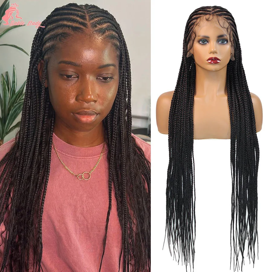 

Synthetic Fulani Knotless Box Cornrow Braided Wigs Middle Part Full Lace Front Braided Wigs With Baby Hair 36'' For Black Women
