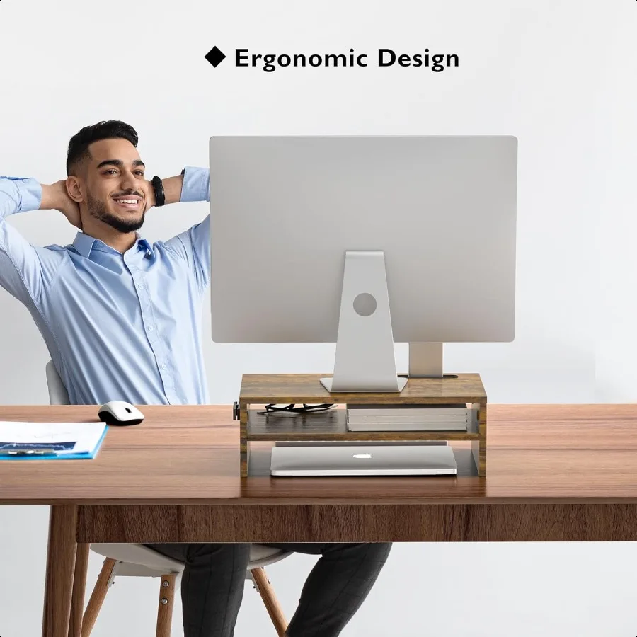 حامل شاشة BONTEC مكون من طبقتين حامل شاشة خشبي مع منظم تخزين لسطح المكتب وحامل شاشة مريح مع C