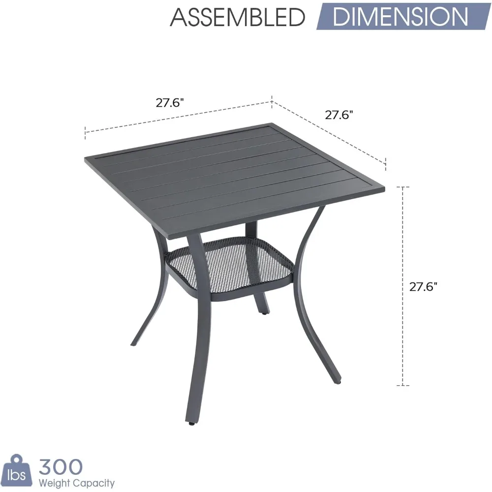 Outdoor Patio Dining Table, 28" Square Metal Slatted with Storage Shelf, Ideal for Front Porch, Deck, Lawn, and Garden without U