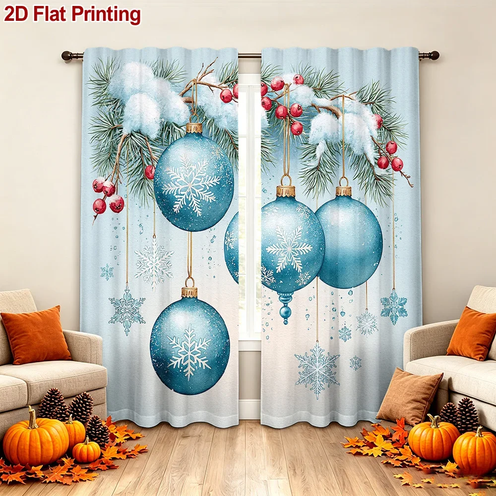 Blue Christmas Ornament Curtain Holiday Window Dressing Festive Winter Scene Curtain for Home Decor
