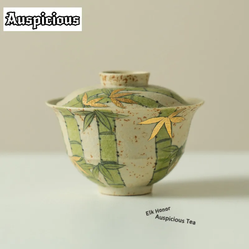 

90ml Hand-painted Bamboo Forest Gaiwan Japanese Tea Tureen Tea Bowl with Lid Kit Tea Brewing Cover Bowl Tea Services Decoration