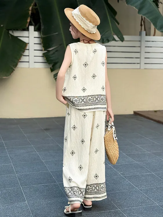 女の子の夏ファッショナブルなツーピースセットエスニックデザイン多用途スリム韓国スレ子供服ロングスベスタンドカラー