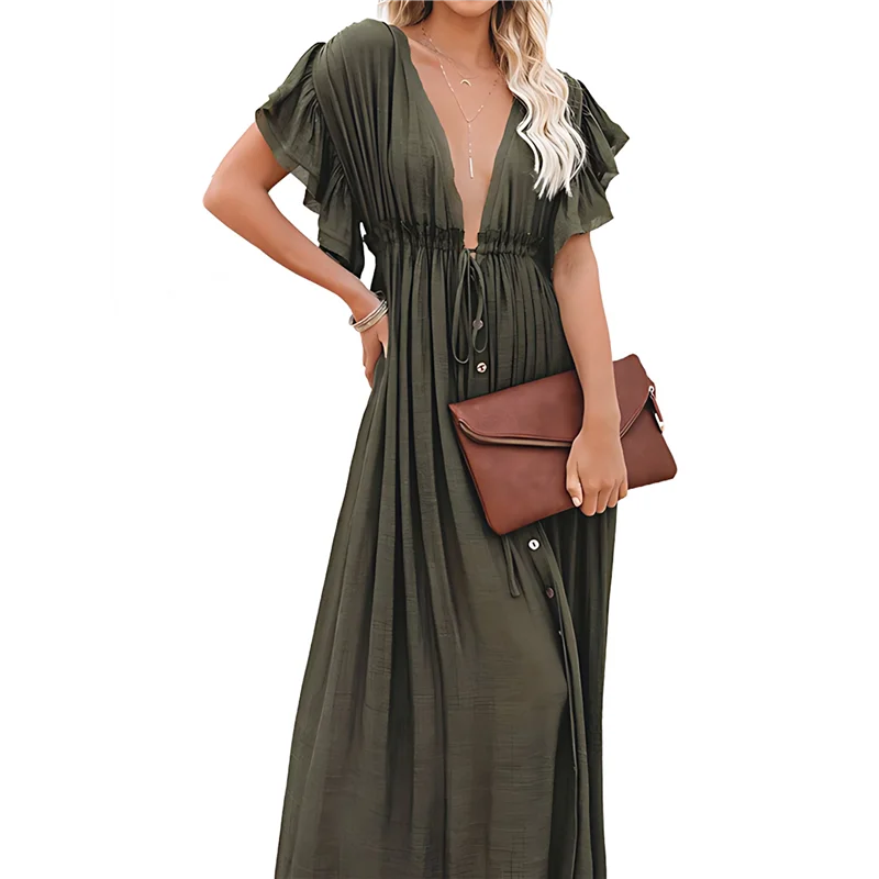 CYL-Women's Casual Summer Beach Dress Ruffle Maxi Dress Button Down Boho Dress Long Tunic