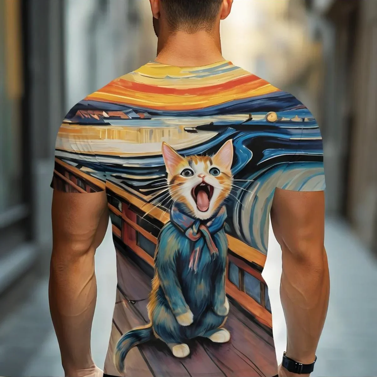 Men's Cartoon Cat 3D Printed Casual T-shirt Short-Sleeve Micro-Elastic Fabric Summer Breathable Crew Neck Fashion Top