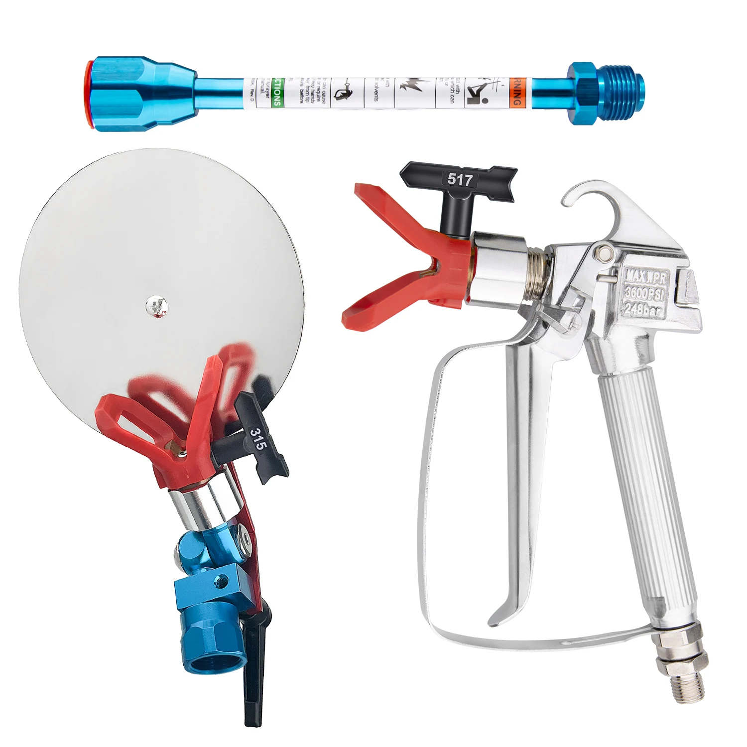 

7 шт. аксессуаров для безвоздушного распылителя краски, включая пистолет безвоздушного распылителя краски 3600 фунтов на квадратный дюйм с насадкой 517, поставляется с направляющим краски. Инструмент для насадок 315 и удлинителей диаметром 7,87 дюйма, под