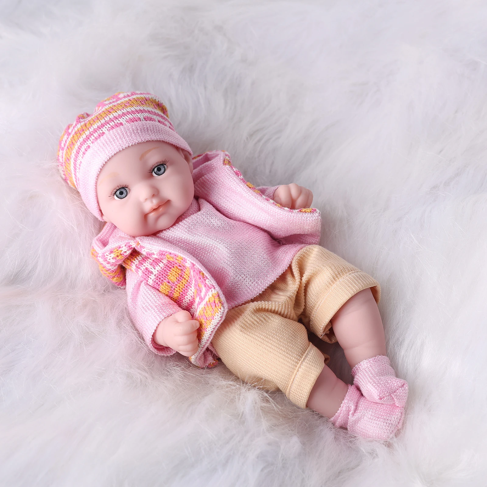 11Inches Realistic Simulation Newreborn Baby Dolls Pink Pattern Hat Stocking & Clothes Birthday Gift for Girl\'s Birthday Gift