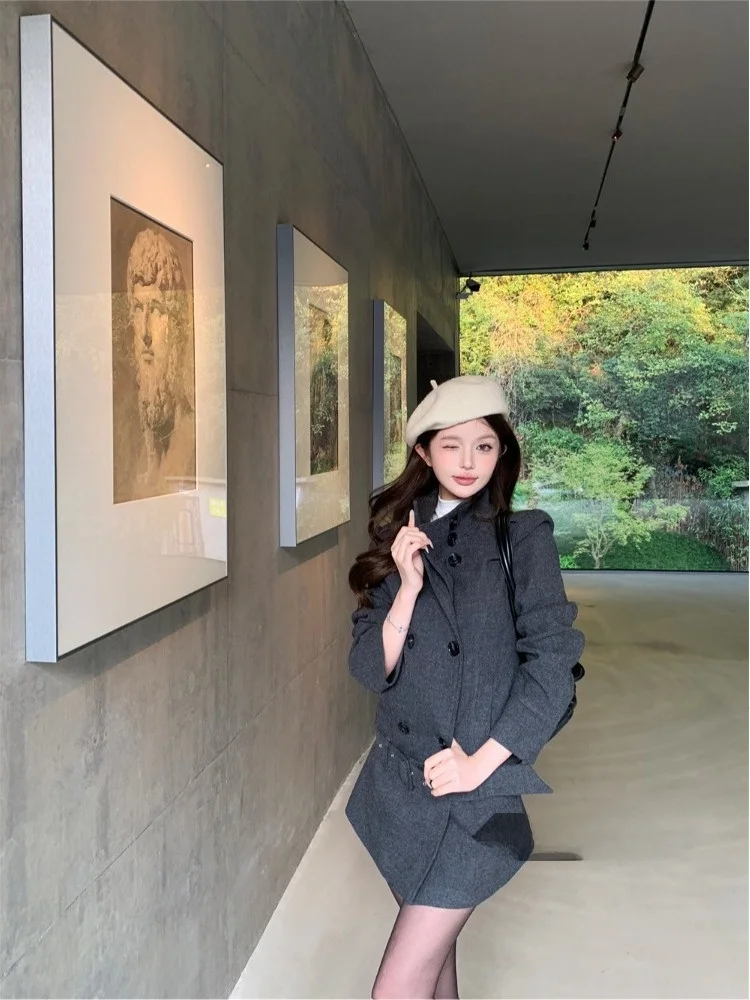 

Ele Woolen Coat Women's Early Spring Vintage Sle Thiened Cotton Lined Stand Collar Double Breasted ey Outerwear