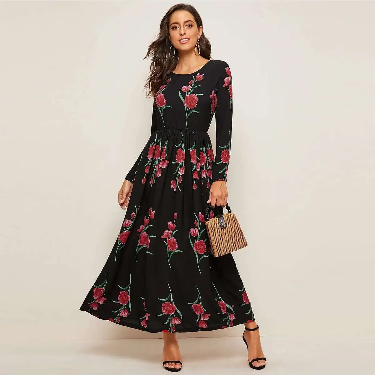 

Malay Fashion Rose Printed Gown Dubai Dress 5080 Vestidos 2025 Muslim Long Dress Robe Abaya Ramadan Dubai Luxury Islam Elegant