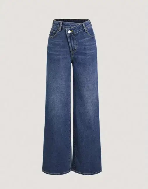 

Solid Color High Waist Simple Waist Asymmetrical Design Jeans Women's Casual Elegant and Fashionable Straight Leg Pants