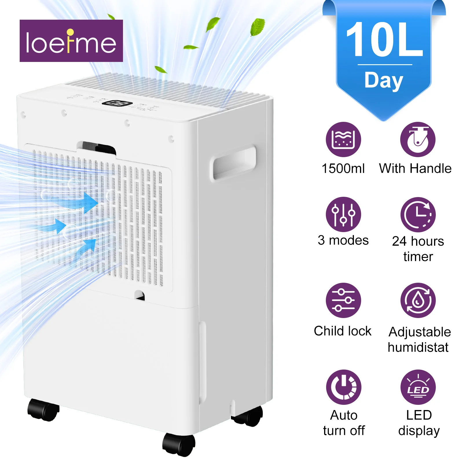 LOEFME – déshumidificateur d'air de 10l/jour, absorbeur d'humidité, sécheur d'air domestique, réservoir d'eau de 1,5 l avec tuyau de 3M, pour maison, sous-sol, salle de bain, garde-robe