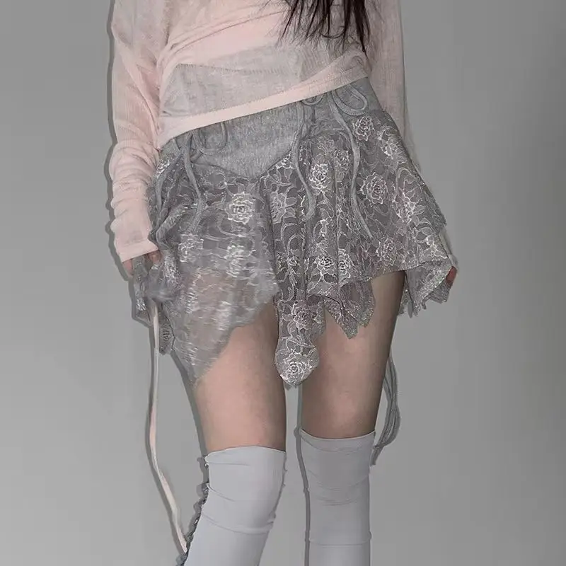 

INS нишевый дизайн, кружевная лоскутная нерегулярная полуюбка, женская плиссированная короткая юбка с завязками на талии, женская одежда