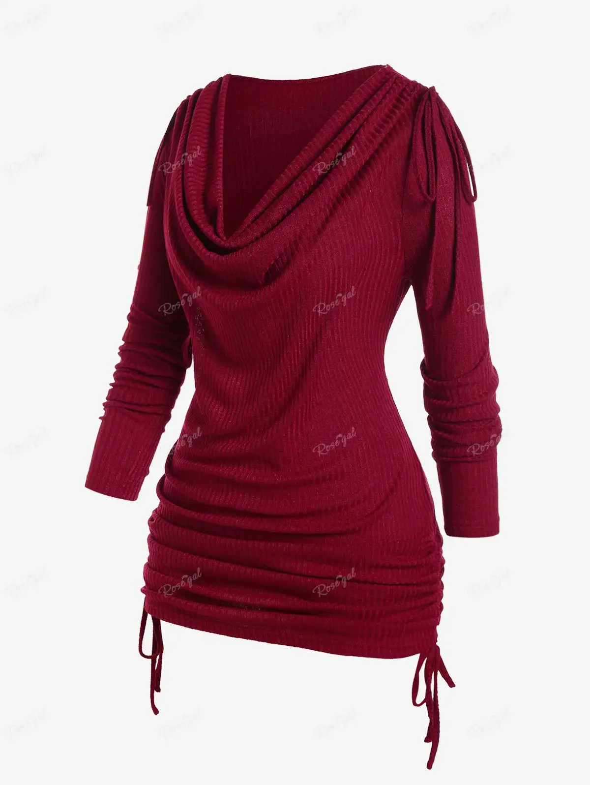 Imagem -02 - Rosegal Tamanho Grande Ruched T-shirt de Manga Longa Vermelho Profundo Malha Top Feminino Cowl Pescoço Costela Malha Cinched Tee Blusa Moda Outono