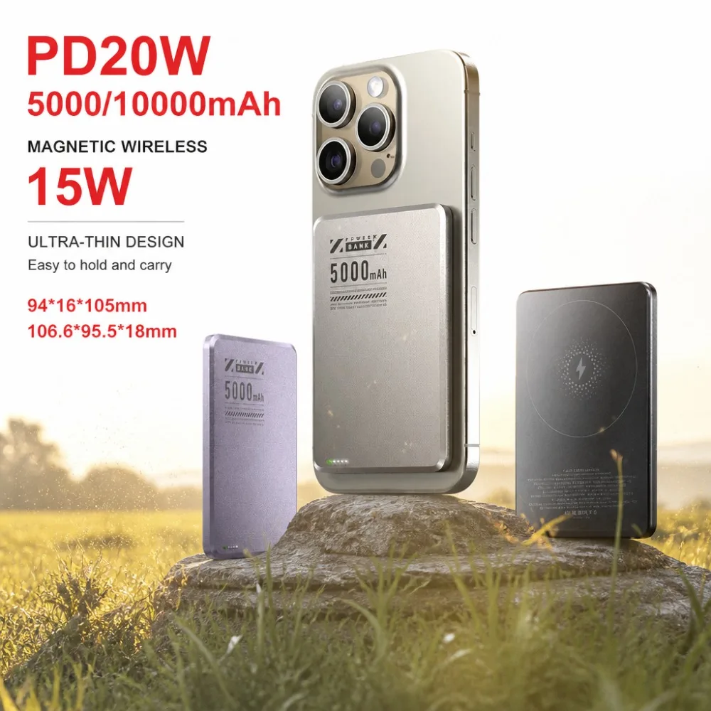 Ultra-Thin Magnetic Wireless Power Bank 5000/10000mAh Fast Charging Mini Travel Charger Aluminum Alloy Battery for All Phones