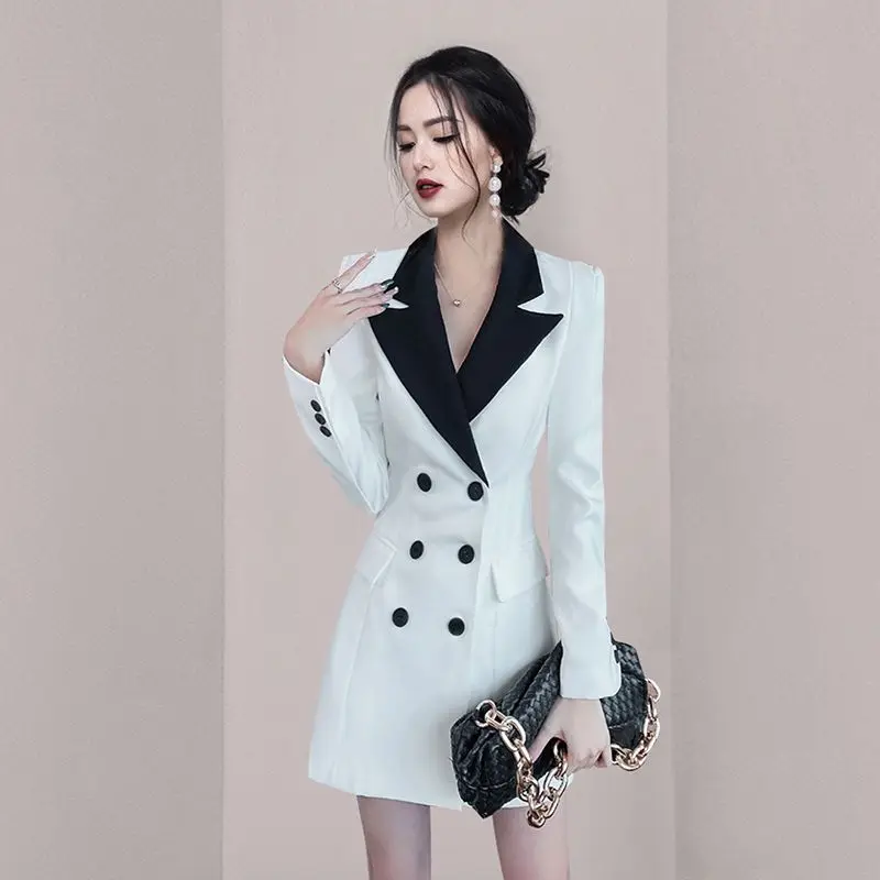 2024 Spring Women New High End Celebrity Style Slim Suit A-line Dress Korean White Mid Length Blazer Dress For Splicing Coat