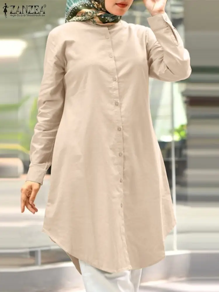 ZANZEA 2023 Autumn Women Muslim Shirt Fashion Elegant Solid Tops Casual Loose Dubai Abaya Blusas Long Sleeve Buttons Down Blouse