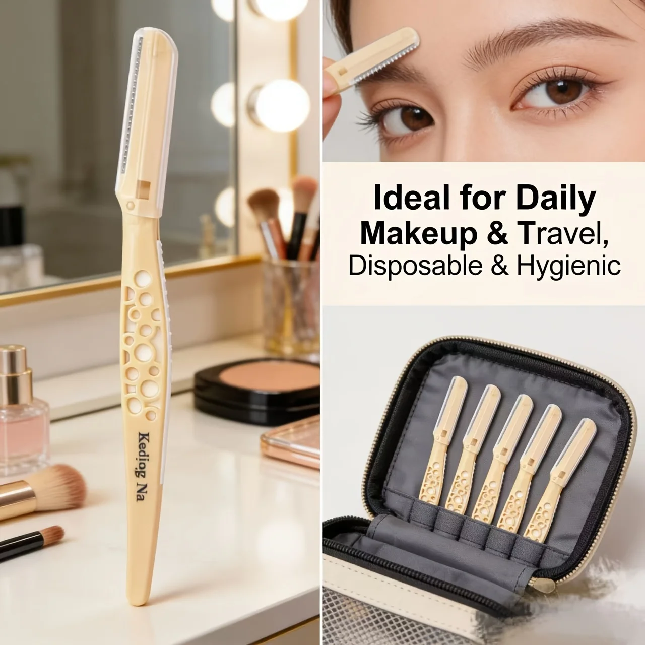 

10 pairs of golden, sharp, foldable, safe, and non-scratchable portable eyebrow razors.