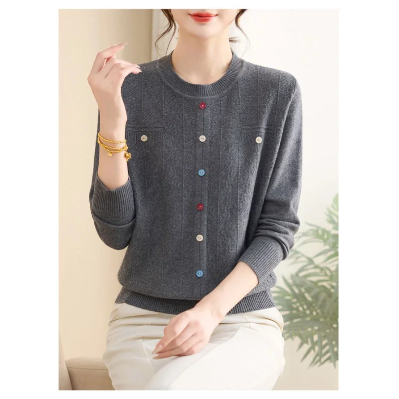 

Модный свитер с длинными рукавами, рубашка с круглым вырезом и пуговицами, топ с нитками для женщин