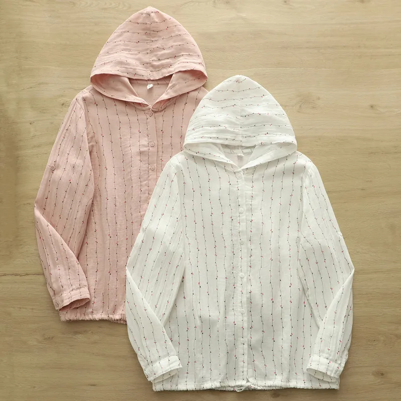 100% Cotton Yarn Loose Hooded Shirts for Women Autumn Spring Casual Blouses Females Hoodies Classic Art Oversized Tops view 4