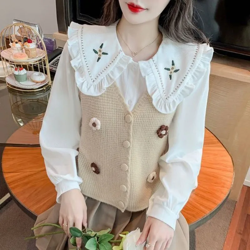 Women Vintage Fashion 3D Flower Cute Sweet Button Knitted Sweater Vest 2024 Spring Autumn V Neck Sleeveless Slim Chic Waistcoat