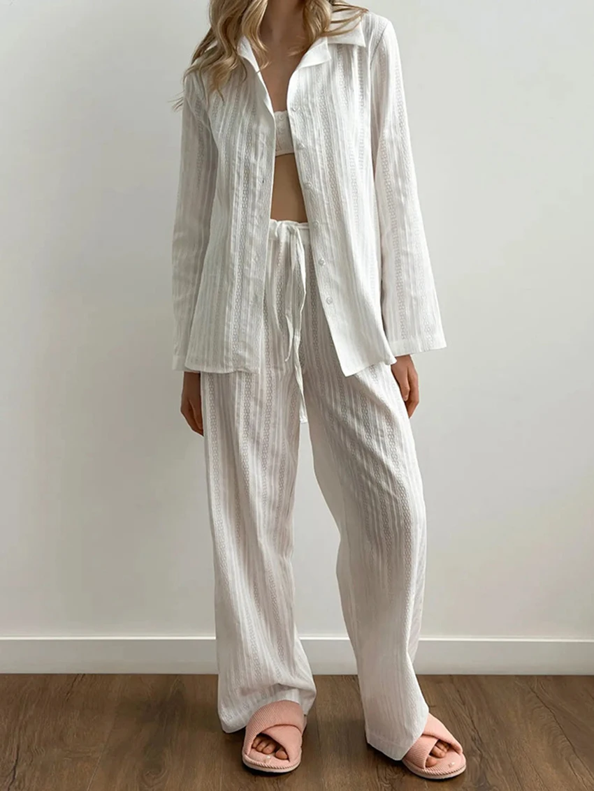 

Marthaqiqi Winter Ladies Sleepwear Set Turn-Down Collar Nightwear Long Sleeve Nightgowns Pants Cotton Female Pajama 2 Piece Suit