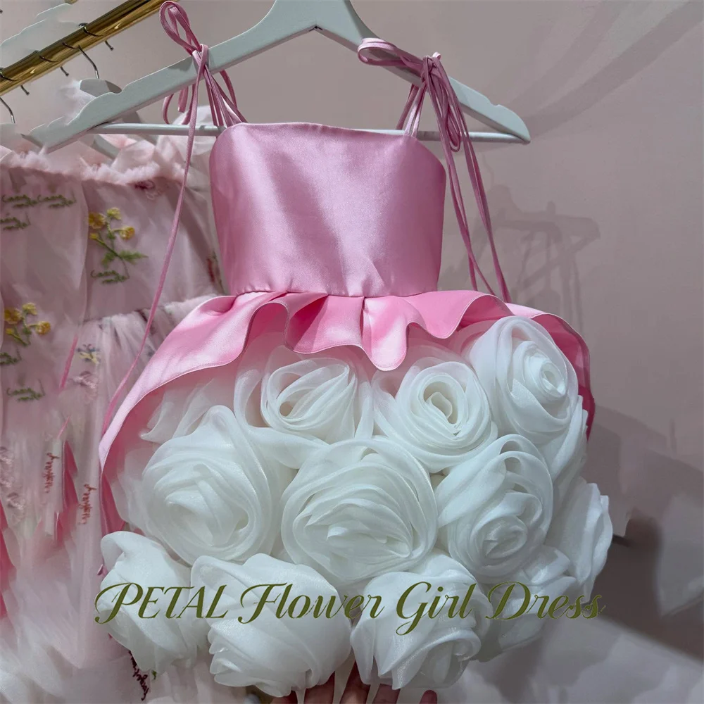 Petal Pink Children Birthday Wedding Dresses 3D White Rose Square Neck Spaghetti Strap First Communion Gown Girls Princess Dress
