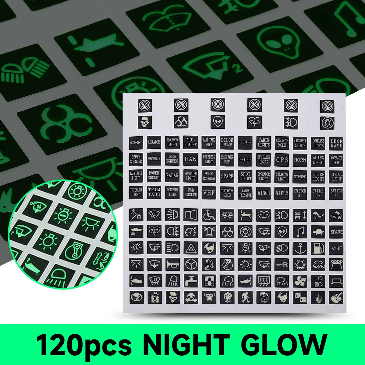 120pcs Panel Luminous Sticker Rocker Switch Label Decal For Car Marine Boat Truck Instrument Switches Relays Decor