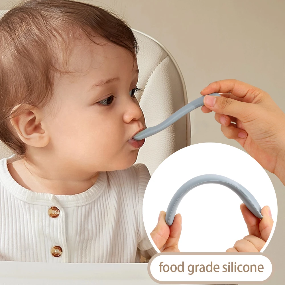 Silicone Soft Spoons Food Grade Neonatus Baby Feeding Eating Teeth Training Auxiliary Tableware Children Safety Soft Head Spoon