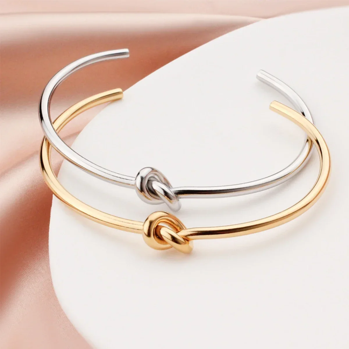 Stainless Steel Bangles Elegant Trendy Round Circular Open Knot Cuff Bracelets for Women Jewelry Goth Temperament Everyday Wear