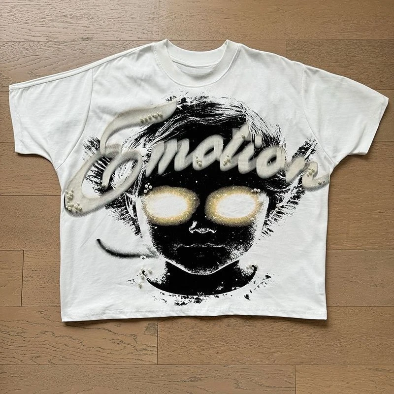 2026 Mixed Emotion Embroidery Pearl Logo Sweatshirts Men Women Angel Print Tee 100% Cotton Streetwear Loose T-shirt