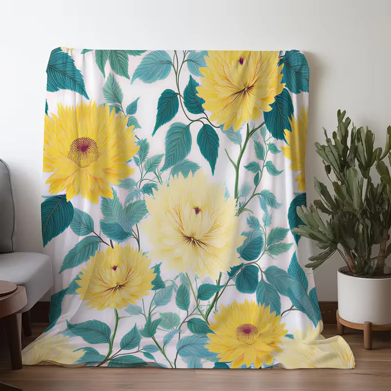 Bright Yellow Floral Blanket Large Bloom Leaf Print Soft Warm Blanket Botanical Style For Bedroom Sofa Elegant Home Decor