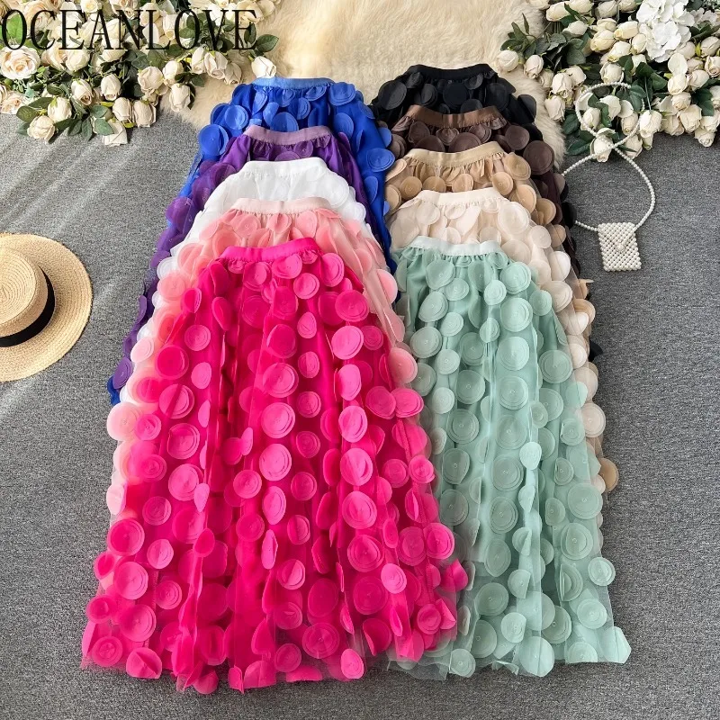 

OCEANLOVE Flowers Mesh Long Skirts Spring Autumn A-line Sweet Faldas Mujer Korean Fashion Solid Elegant Vintage Women Skirt