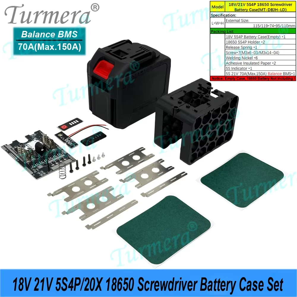 Turmera New 18V 21V Screwdriver Battery Case 20X 18650 Cores 50A New 70A Balance BMS Weld Nickel Set for Makiita Battery