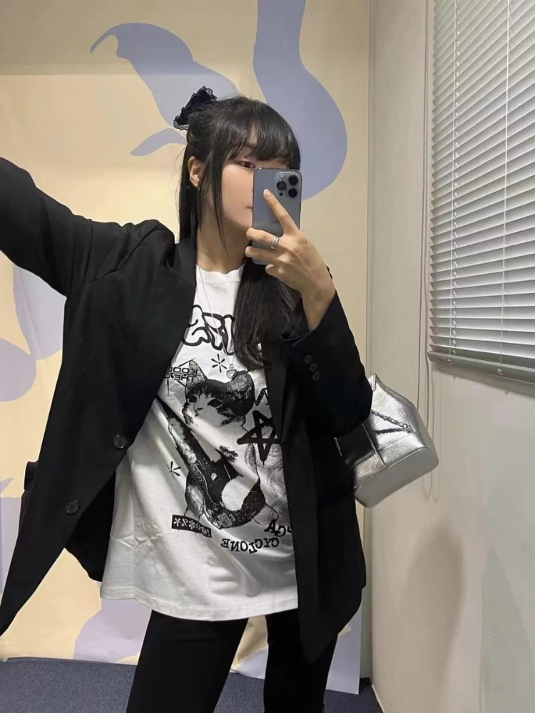 American Cat Rock Guitar Graphic Short Sleeve T-Shirt Loose Korean Fashion Oversized Women's Summer Clothes Y2K Streetwear