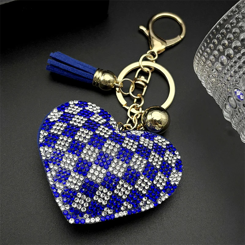 Fashion Blue White Grid Keyholder For Women Men Full Crystal Rhinestone Tassel Party Bag Blingbling Pendant Keyholder Jewelry