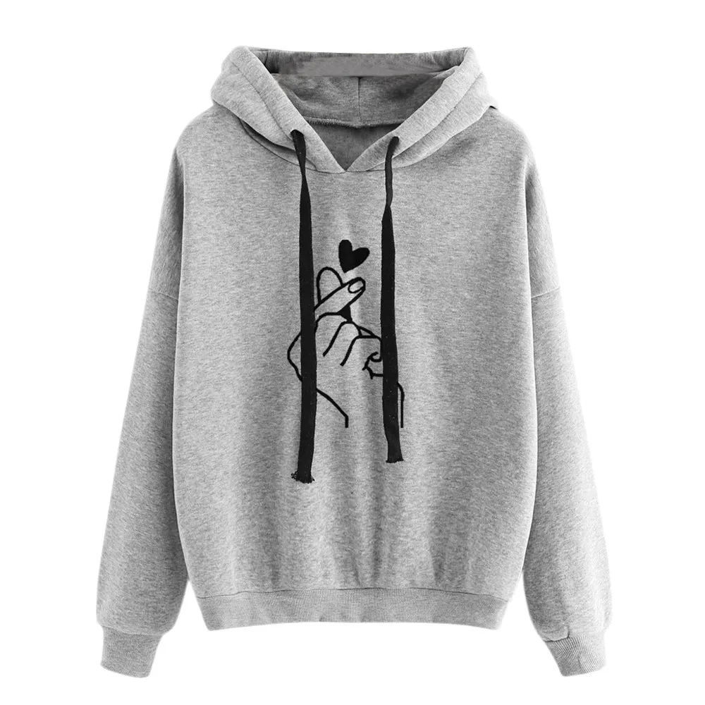 Tops Long Sleeve Heart Print Hoodie Blouse Women Jumper Hooded Pullover Women\'S Casual Drawstring Sweatshirt Female Clothing
