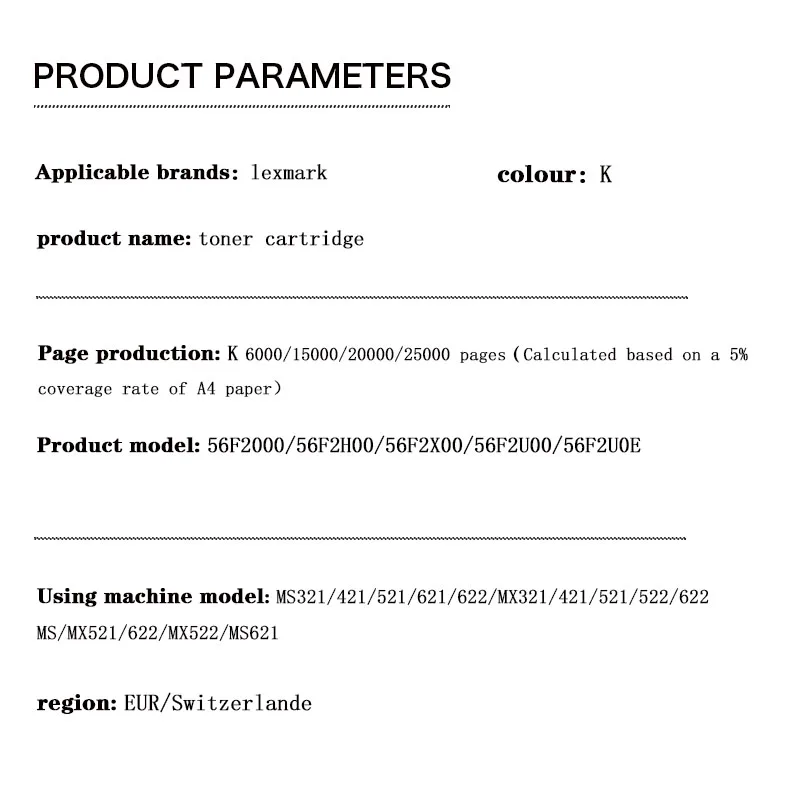 56F2000 56F2H00 56F2X00 56F2U00/56F2U0E 6K 15K 20K 25K EUR/Switzerlande toner cartridge for Lexmark MS321/421/521/621/622/MX321