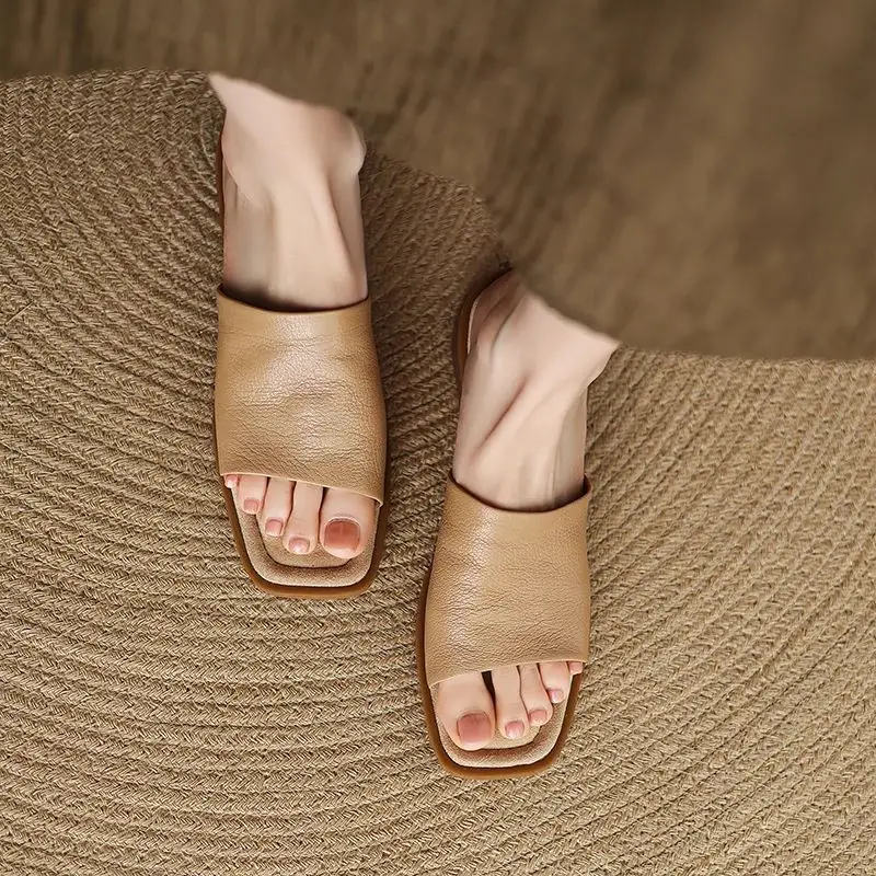 EAGSITY Cow leather low heel sandals Women shoes slipper flip flops outdoor casual square heel slipper