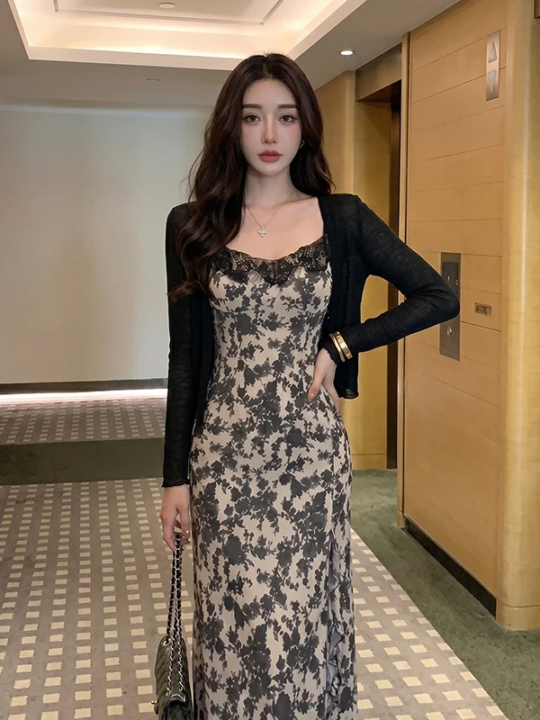 

Dreamy Sexy Women's Dress Set 2026 Summer New Style Pure Desire Floral Print Long Sleeve Mid-Length Two-Piece Suit