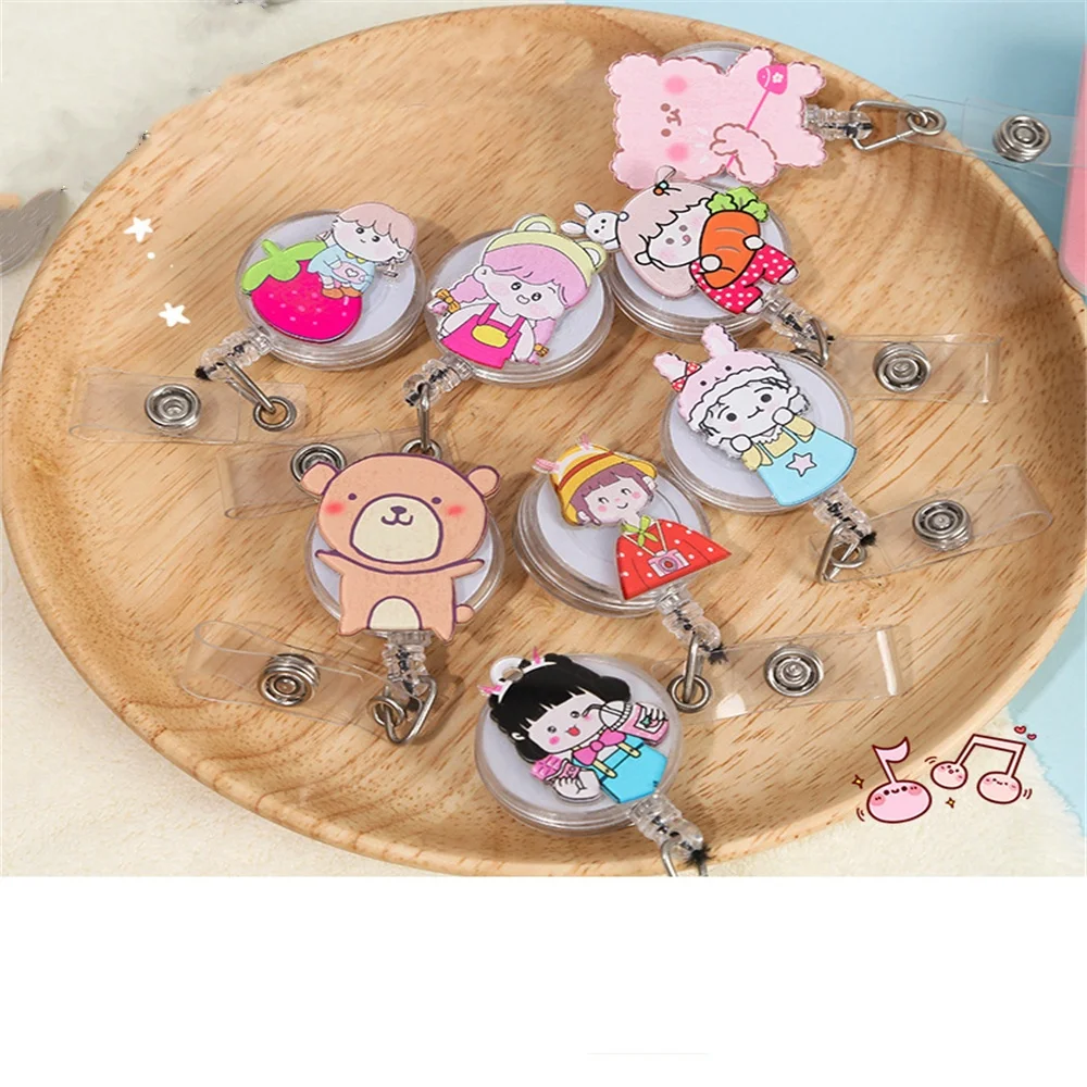 Acrylic Badge Holder Cartoon Pattern Document Holder Rotatable Telescopic Work Permit Clip Buckle Decorative Lanyard