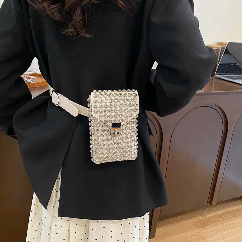 فاخر كامل حجر الراين المرأة الهاتف الخصر أكياس انفصال بولي Leather حزام خصر جلد سلسلة الأحذية حقيبة كتف Crossbody حزمة B1 #1