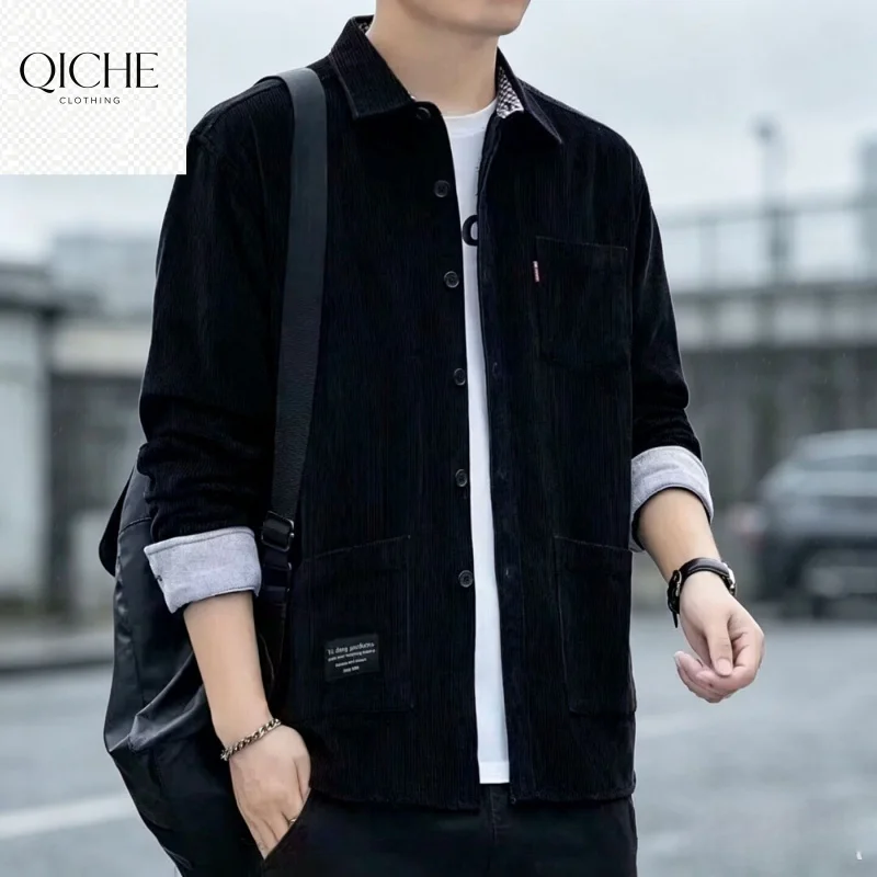 QICHE 2026 New Autumn Men Corduroy Shirt Jacket Loose Multi Pocket Warm Casual Outerwear