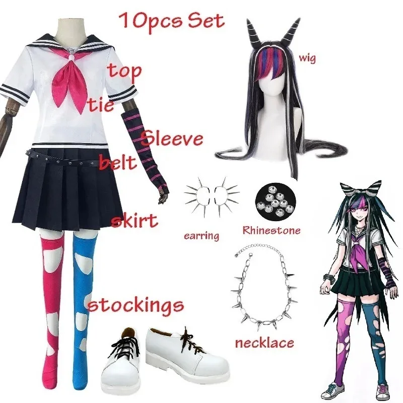 أقراط dd54danganronpa Ibuki Mioda التأثيرية، جوارب شعر مستعار، إكسسوارات كاملة، أحذية، قلادة، قميص قرن للأطفال، زي مدرسي
