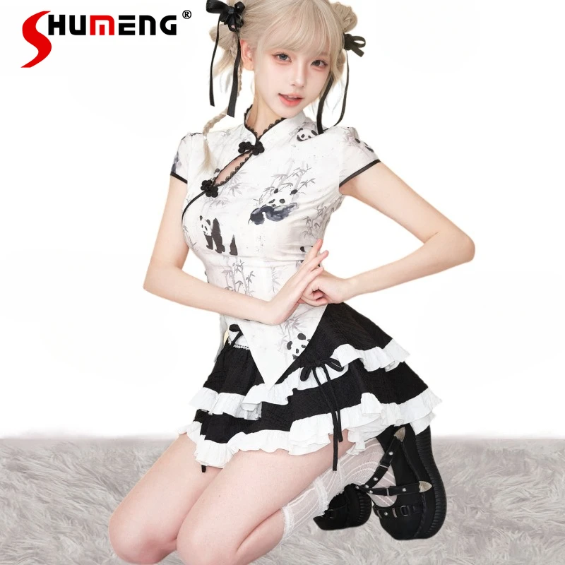 Women's New Chinese Style Cartoon Suit Women's Summer Panda Printing Shirt Top High Waist Pleated Skirts Slim Fit Y2k Clothes